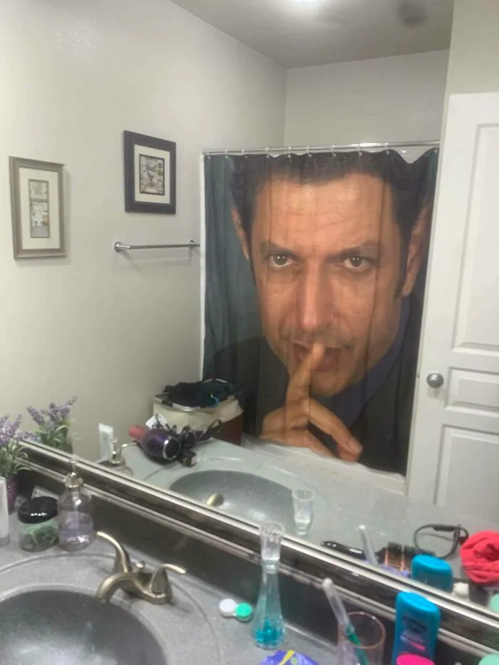 A bathroom shower curtain featuring a giant face of Jeff Goldblum, demonstrating questionable choices in houses