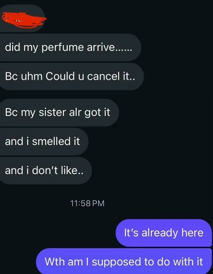 A text message conversation showing a main character request to cancel an order after it already arrived.