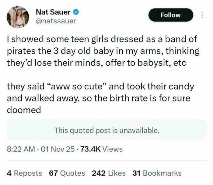 A social media post complaining about teenagers ignoring a newborn baby, illustrating main character lives