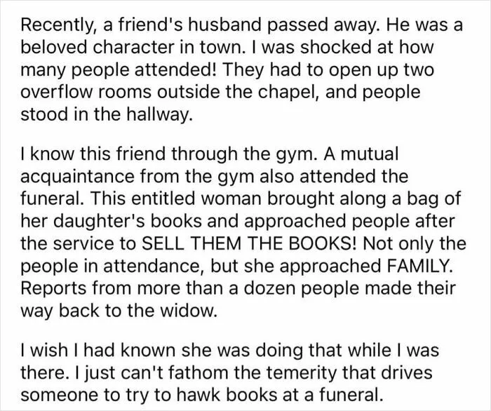 Text post describing a main character who tried to sell children's books to grieving guests at a funeral.