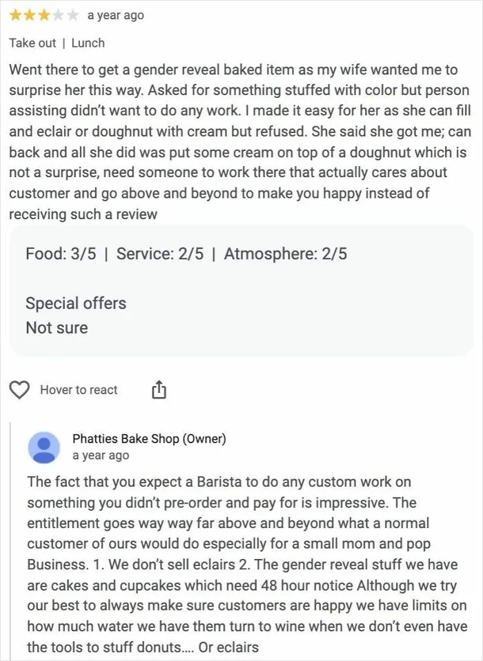 A screenshot of a negative customer review on Google and a witty response from the owner.