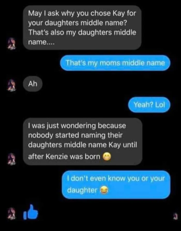 A chat screenshot of a main character thinking she invented the middle name Kay.