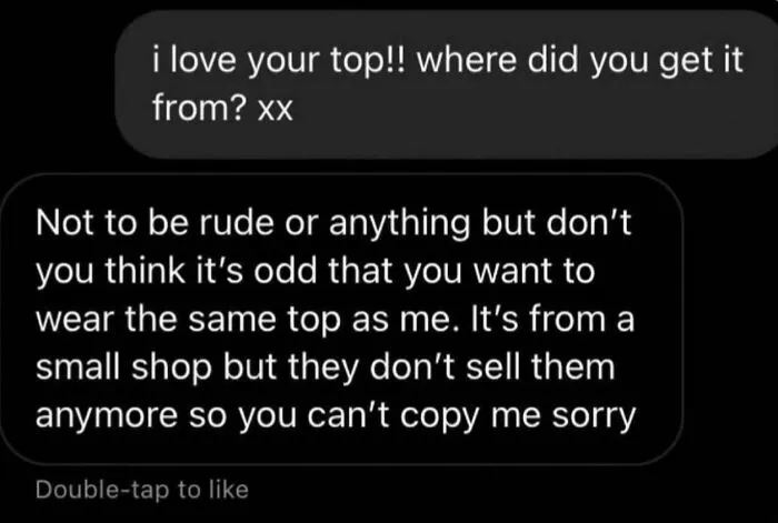 A chat screenshot of a main character gatekeeping where she bought her top.