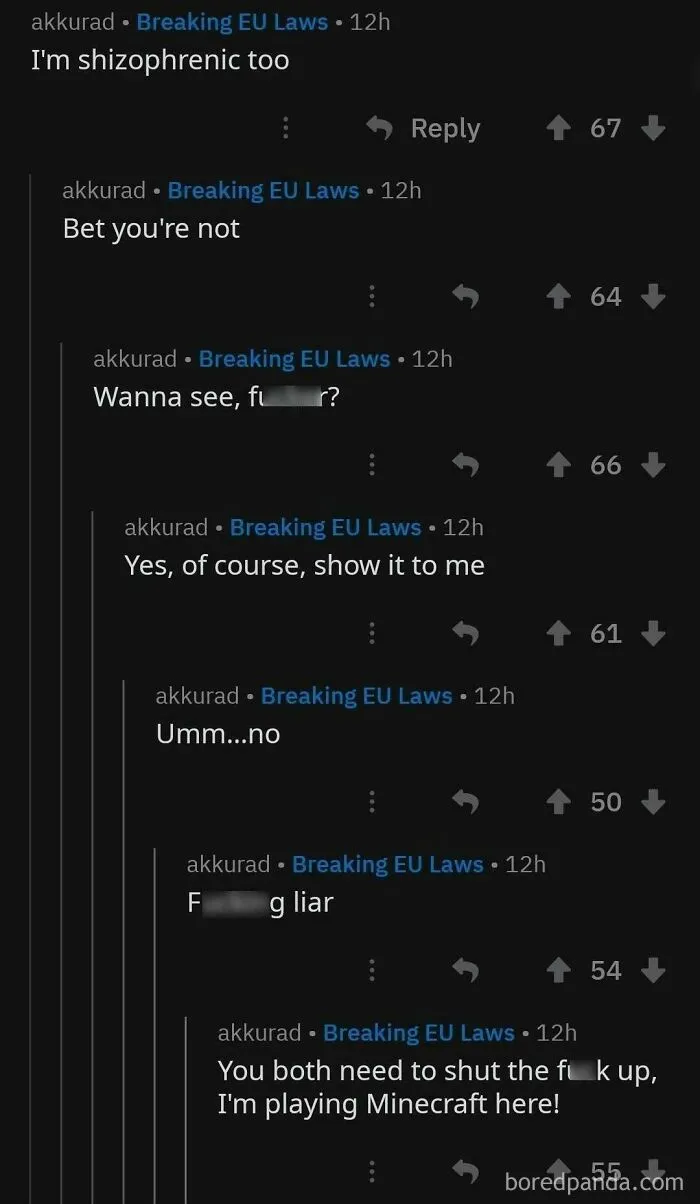 A long Reddit thread showing a user pretending to be someone else while arguing with themselves