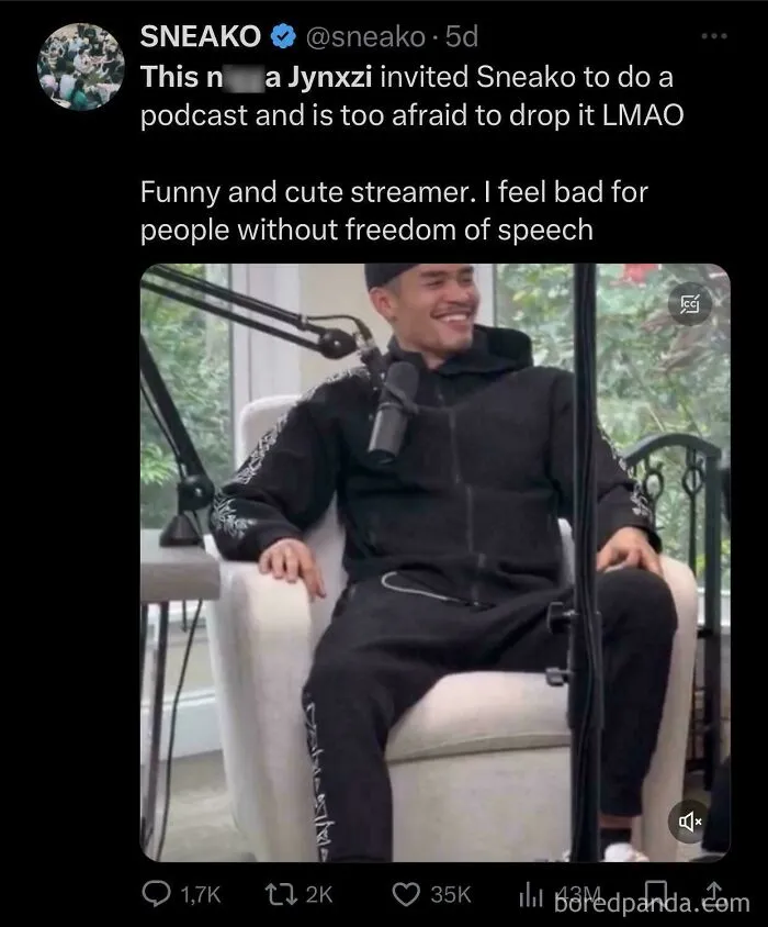 Twitter post by Sneako showcasing a streamer sitting in a chair during a podcast