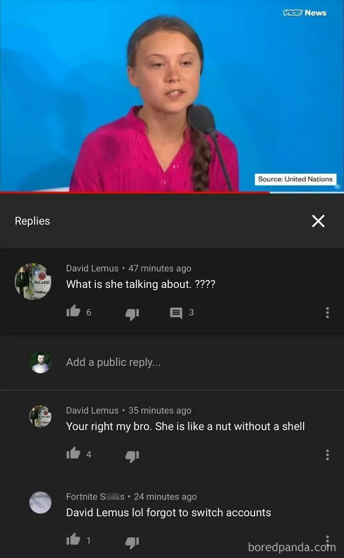 A YouTube comment thread showing where a user forgot to switch accounts when replying to himself