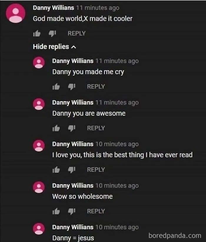 A YouTube comment section showing a user who pretended to be someone else to praise himself under his own post