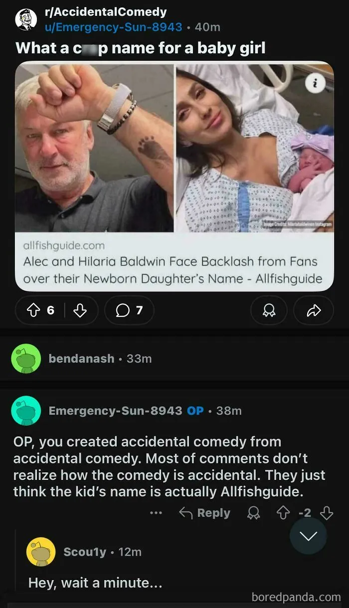 A Reddit post about Alec Baldwin's daughter showing how people pretended to be someone else.