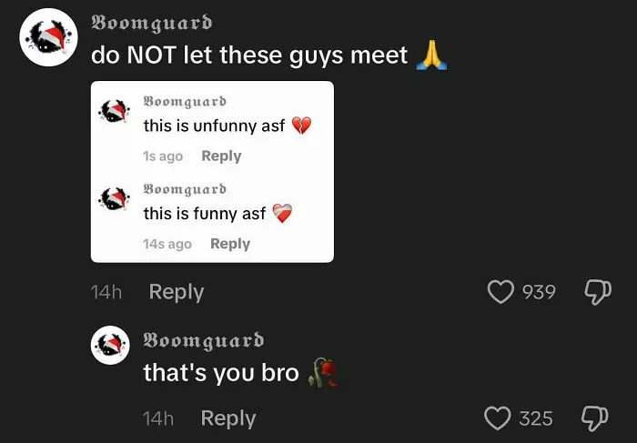 TikTok comment showing a user who pretended to be someone else and embarrassed themselves by replying to their own image