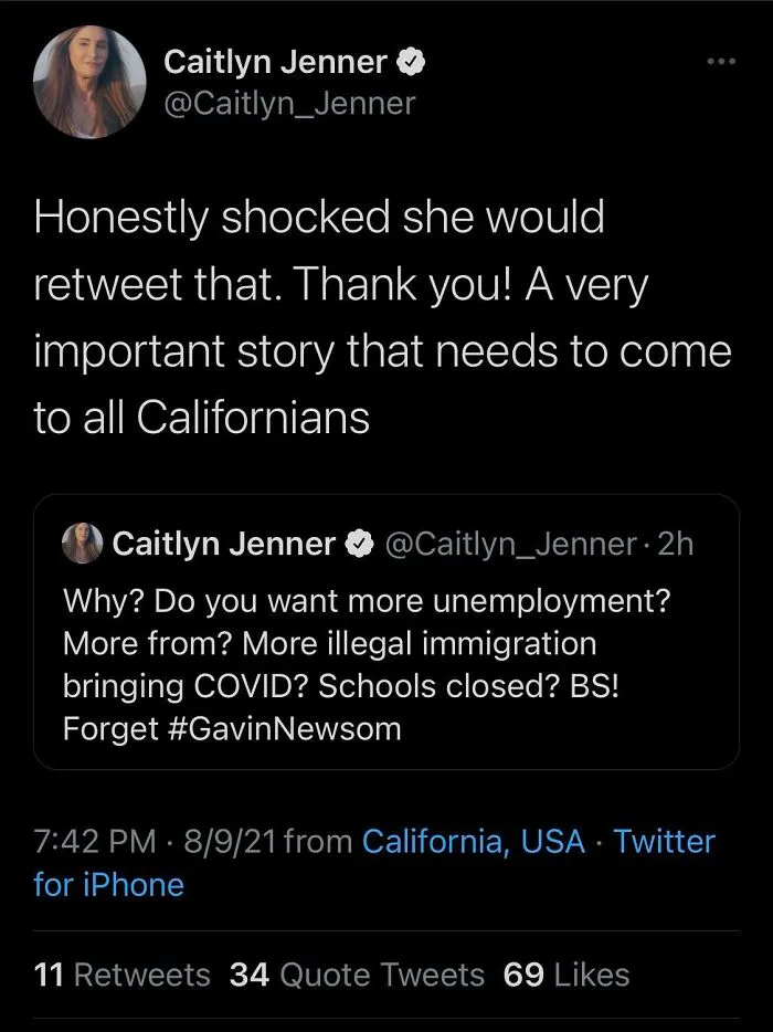 A tweet where Caitlyn Jenner pretended to be someone else and embarrassed herself by praising her own post