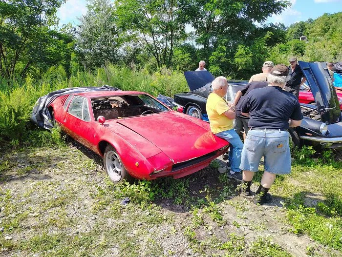 A red sports car parked in a field with people standing around, showcasing main character vibes