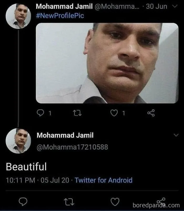 A Twitter post where a user pretended to be someone else by commenting Beautiful on their own profile picture update