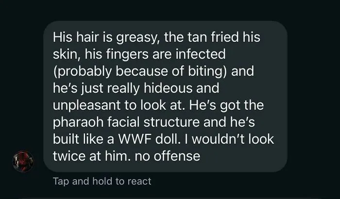 Harsh text message describing someone, showcasing how some people behave like they are the main character