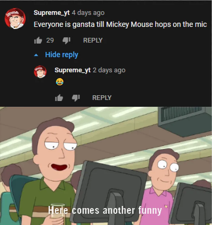 A meme showing a YouTube comment where a user pretended to be someone else by replying to and laughing at their own joke