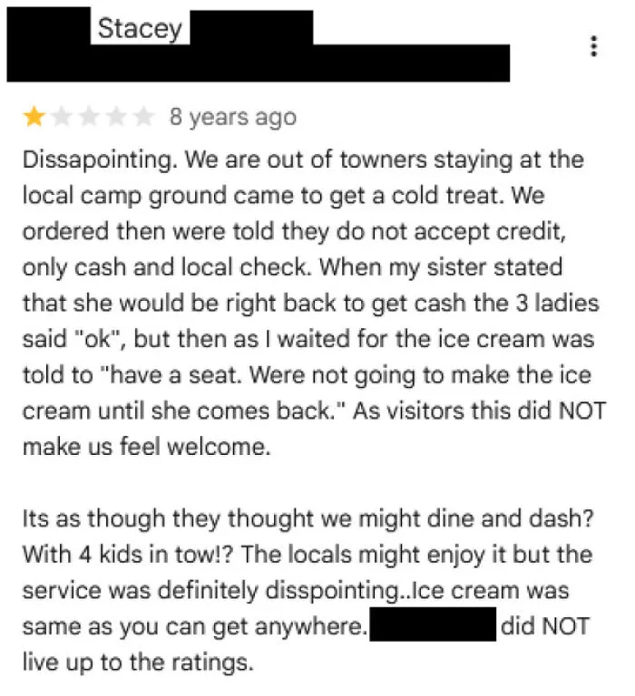 Stacey left a negative review online to complain about a local ice cream shop.