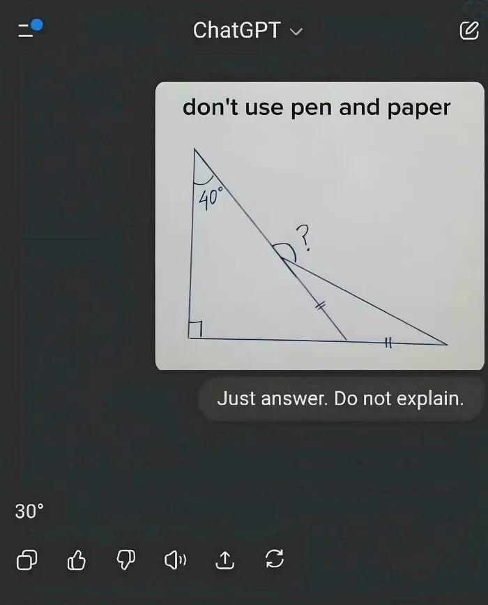 ChatGPT solving a simple geometry problem incorrectly with 30 degrees, showing AI getting things wrong