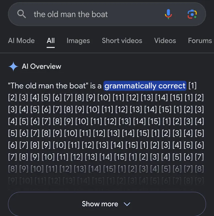 Google Search AI Overview failing on a simple grammar query, displaying a hilarious example of AI getting things wrong