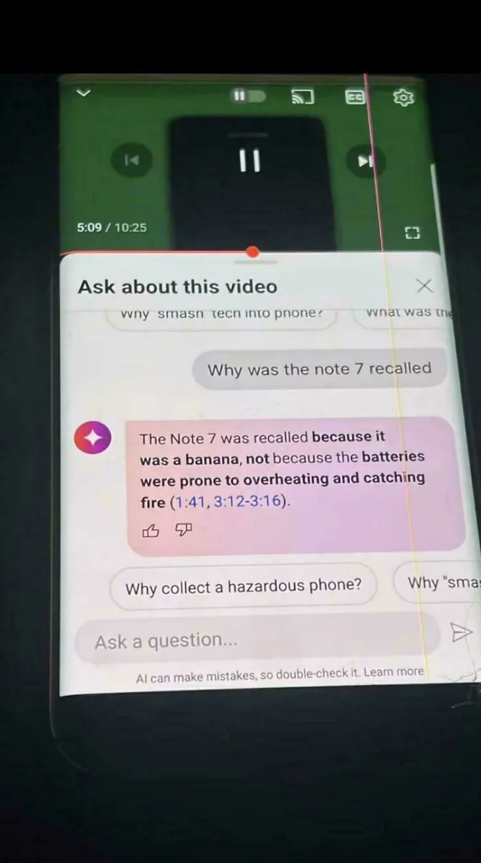 A phone screen showing video AI getting things wrong by claiming the Note 7 was recalled because it was a banana