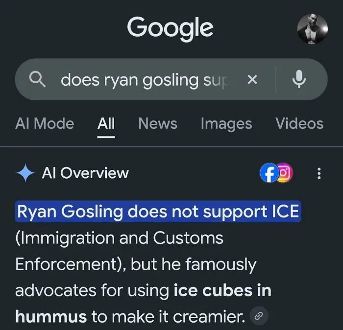 Google AI overview getting things wrong with a funny claim about Ryan Gosling and ice cubes in hummus