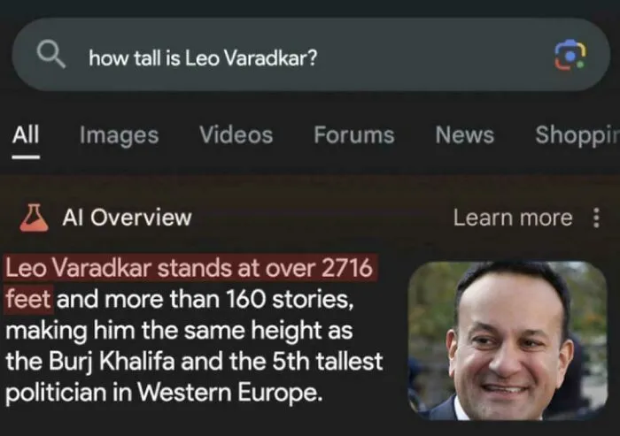Google AI overview highlighting hilarious examples of AI getting things wrong by saying Leo Varadkar is 2716 feet tall