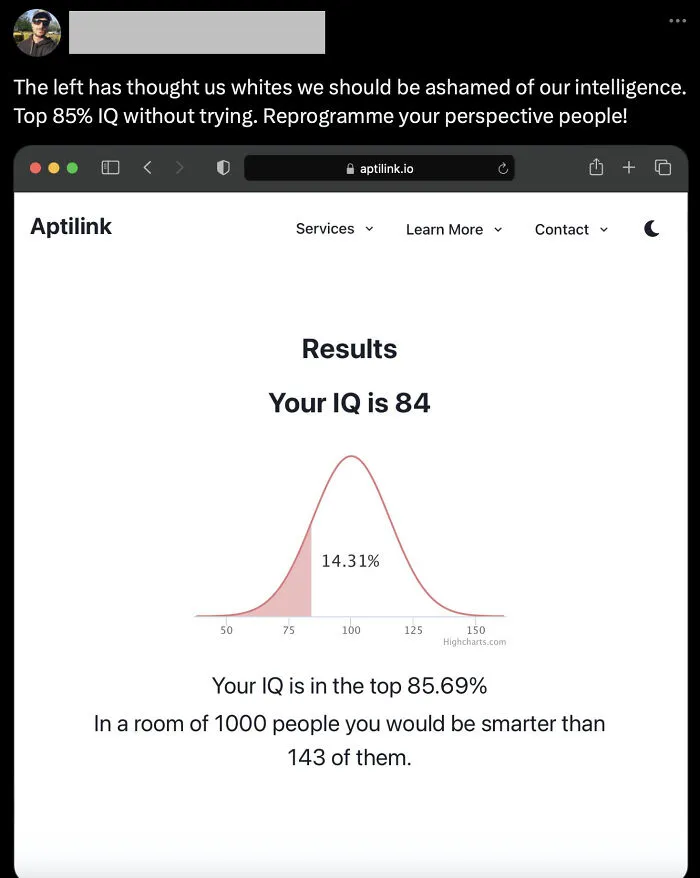 A social media post where a main character mistakes an IQ score of 84 for being in the top 85%.