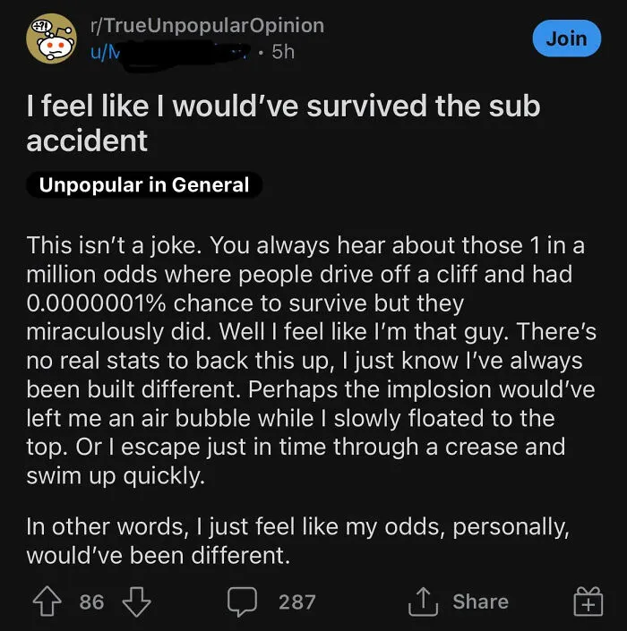 A Reddit post about surviving a sub accident exhibiting main character vibes
