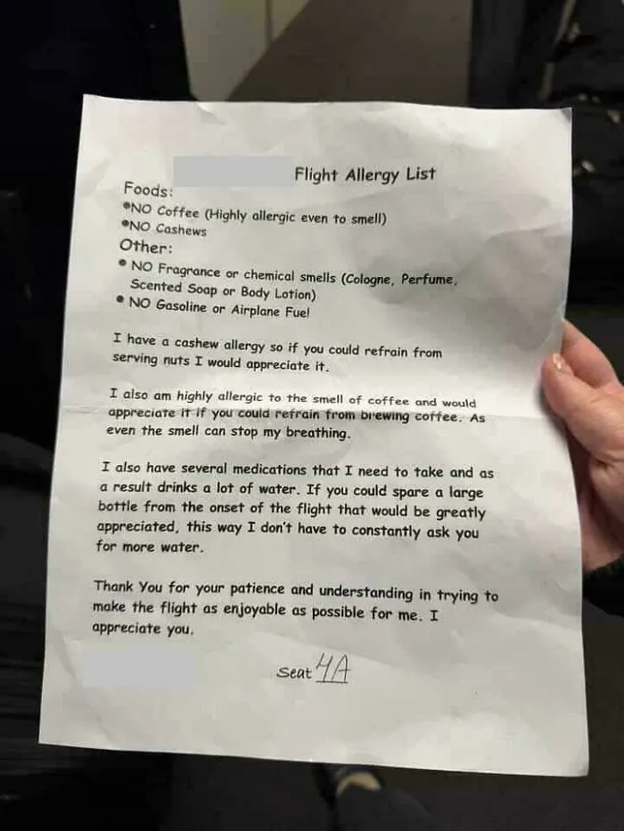 A printed flight allergy list demanding extreme accommodations, showing main character lives traits.