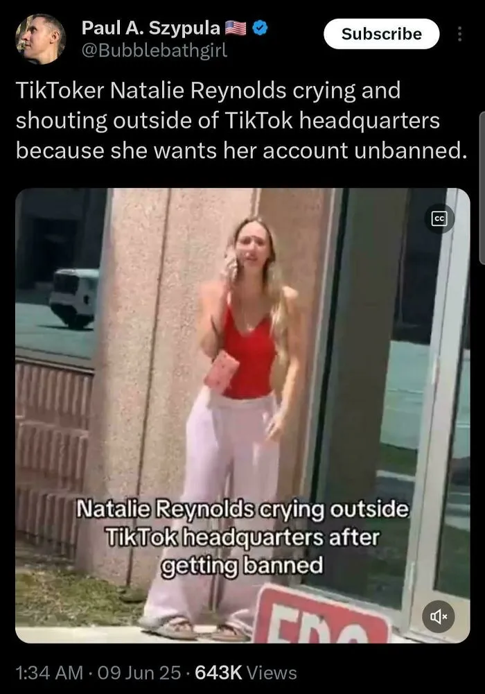 A TikTok influencer crying outside an office, depicting main character lives antics