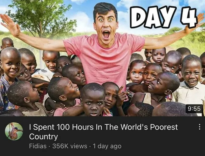 A YouTuber posing dramatically with a crowd of local children, showcasing main character lives behavior