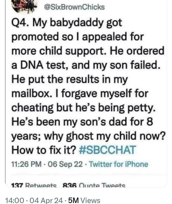 A screenshot of a social media post displaying main character lives energy over child support issues.