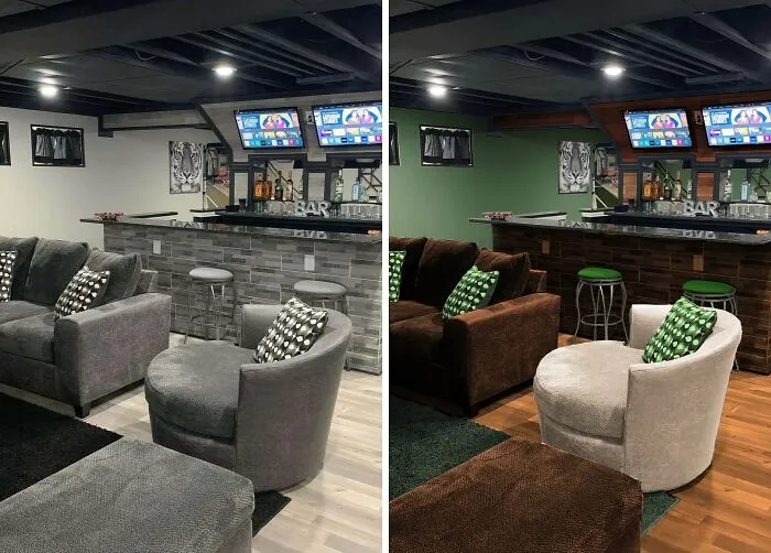 Side by side comparison of basement renovation designs, showing different houses decorating styles.