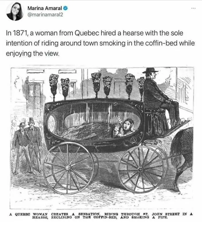 Vintage illustration of a woman acting like a main character by riding a hearse and smoking on a coffin.