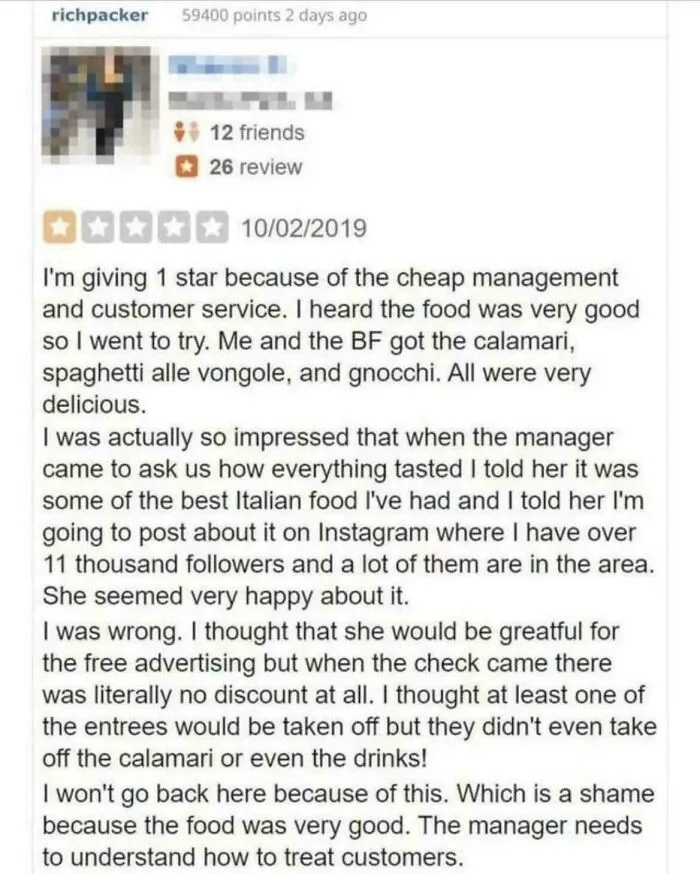 An entitlement-filled 1-star restaurant review by an influencer demonstrating main character syndrome.