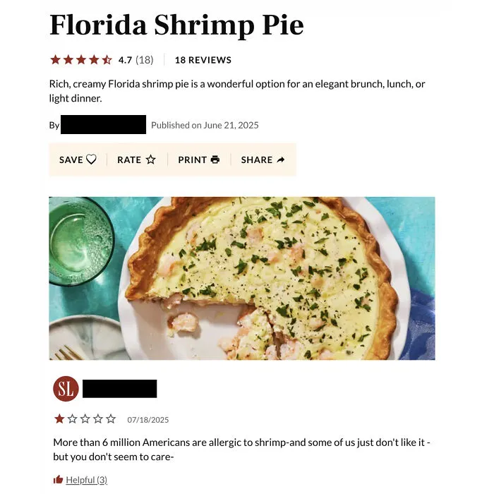 An absurd 1-star recipe review complaining about food allergies, highlighting main character behavior.
