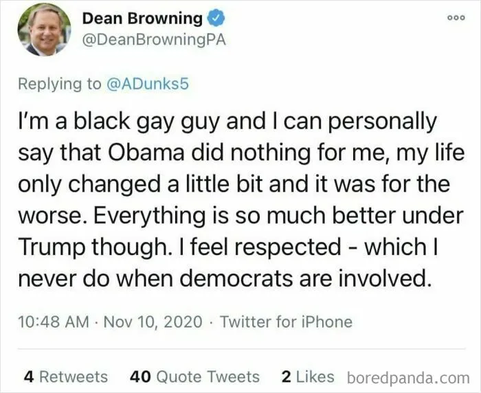 Dean Browning claiming to be a black gay guy on Twitter as he pretended to be someone else.
