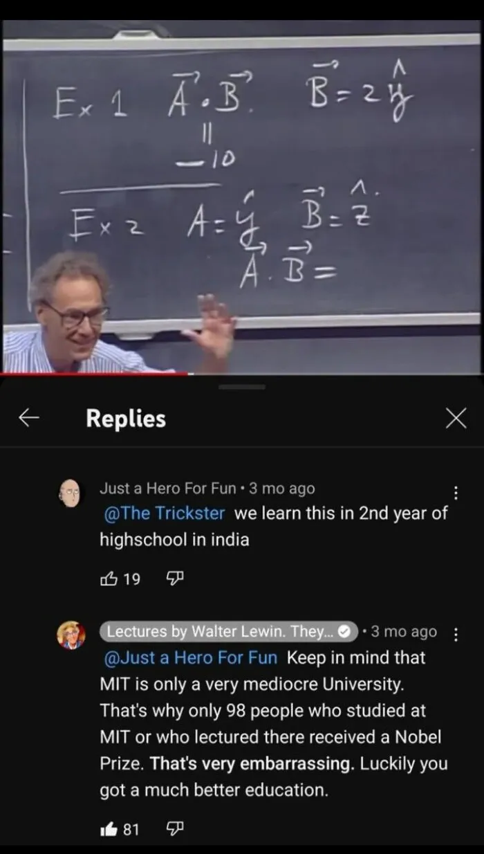 Screenshot of a witty YouTube comment exchange on a physics lecture showcasing main character behavior.
