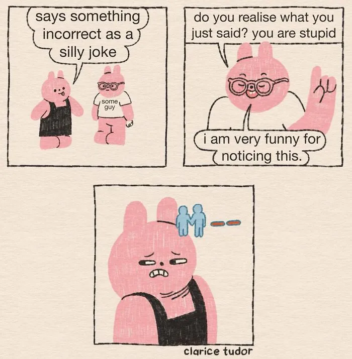 Snarky pink rabbits debating a silly joke and calling each other stupid with humor