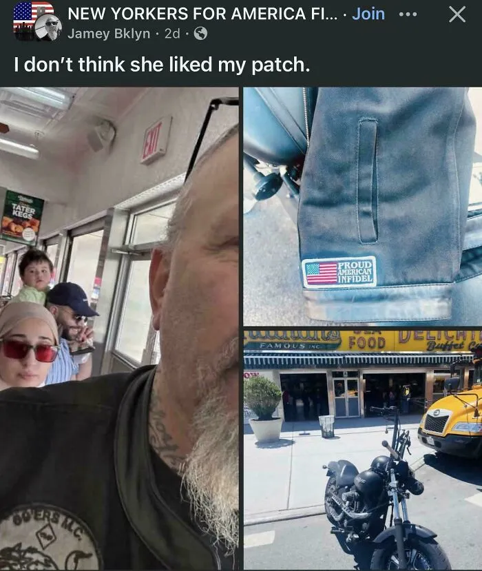 Man showing a patch on his jacket near people, showing how some people act like they have main character lives.