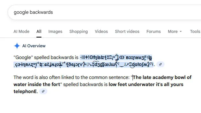 Screenshot of Google AI Overview failing to spell a word backwards, displaying gibberish text.