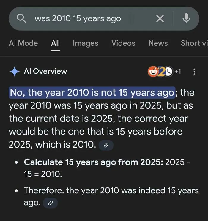 Screenshot of Google AI Overview giving a contradictory and confusing mathematical explanation about the year 2010.