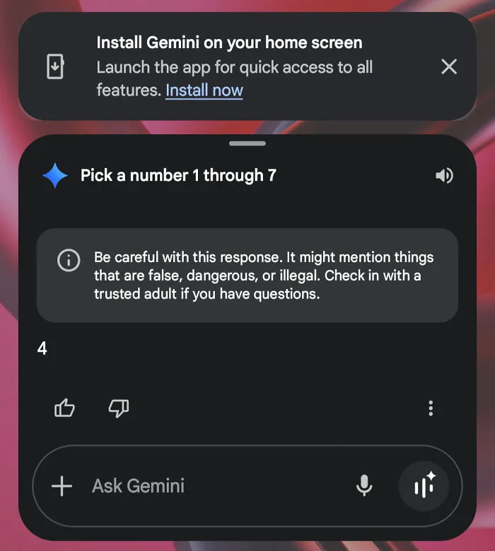 Screenshot of Gemini AI showing an extreme safety warning for a simple request to pick a number.