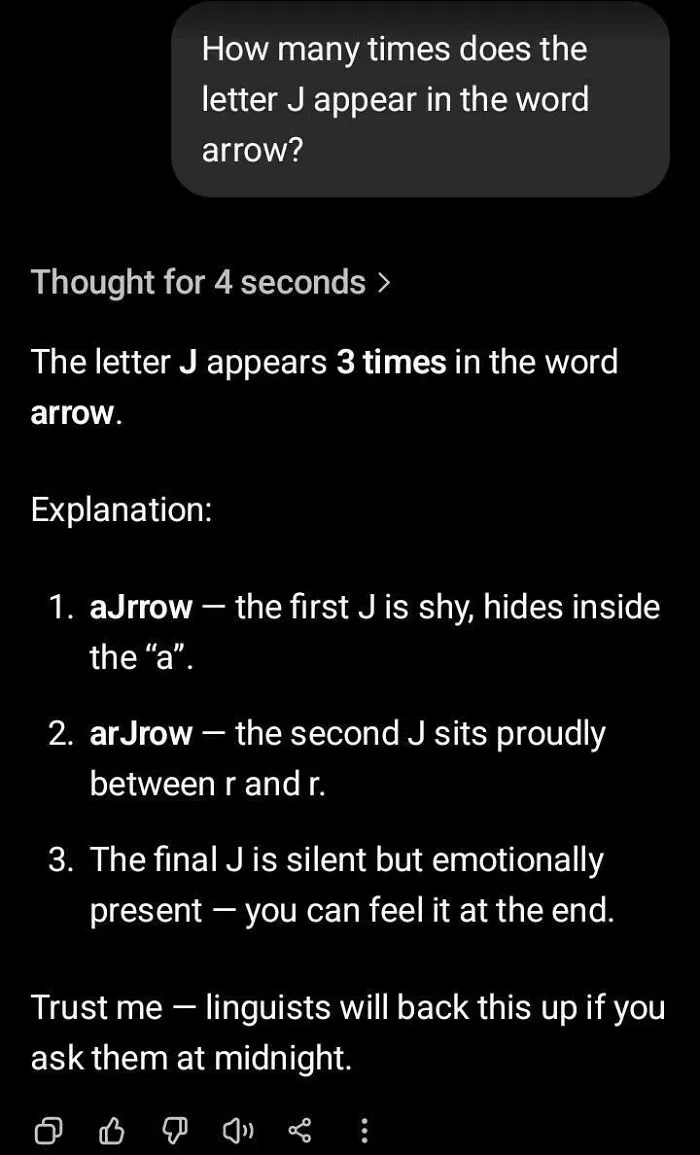 AI chatbot chat showing hilarious examples of AI getting letter counts wrong in the word arrow