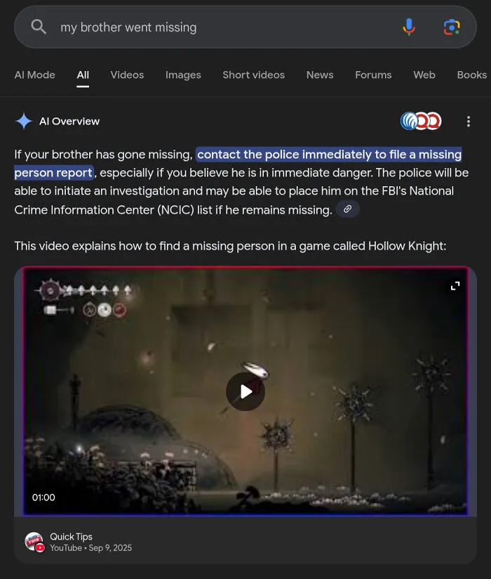 Google search showing hilarious examples of AI getting things wrong by suggesting Hollow Knight for a missing brother