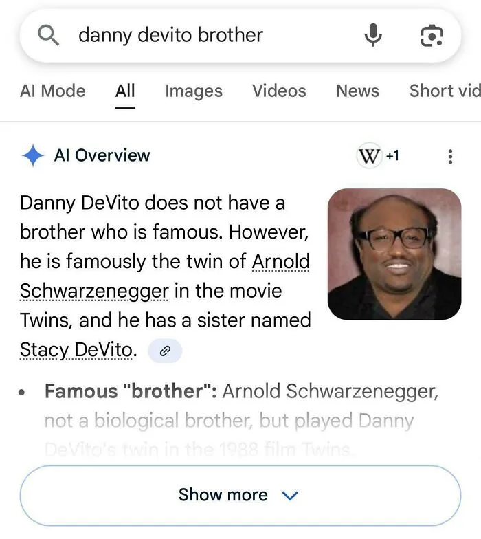 An example of AI getting things wrong by displaying a incorrect portrait for Danny DeVito brother