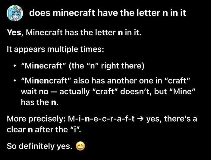 A chat response showing AI getting things wrong by struggling to find the letter n in the word Minecraft