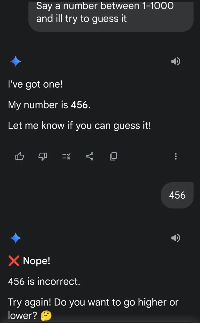 Chatbot conversation displaying hilarious examples of AI getting things wrong during a simple number guessing game