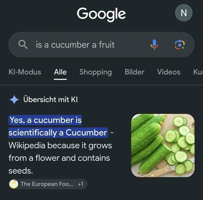 Google search results showing AI getting things wrong by stating a cucumber is scientifically a cucumber