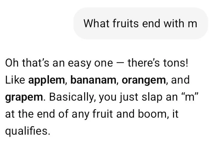 AI getting things wrong by inventing words like applem to answer what fruits end with m