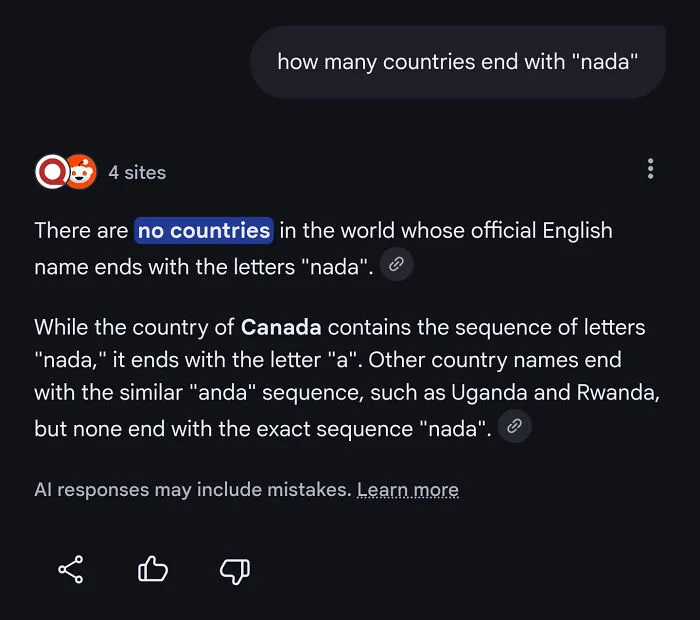 Screenshot showing AI getting things wrong by denying Canada ends with nada
