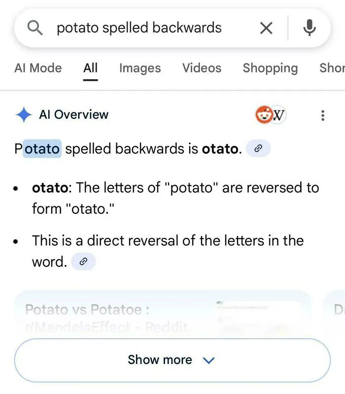 Screenshot of AI getting things wrong by claiming potato spelled backward is otato